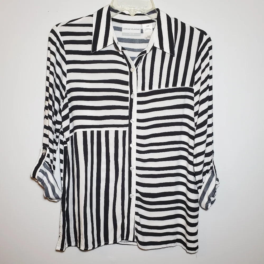 ALFRED DUNNER Stripe Collar Blouse White & Black Size 10P - Picture 2 of 9